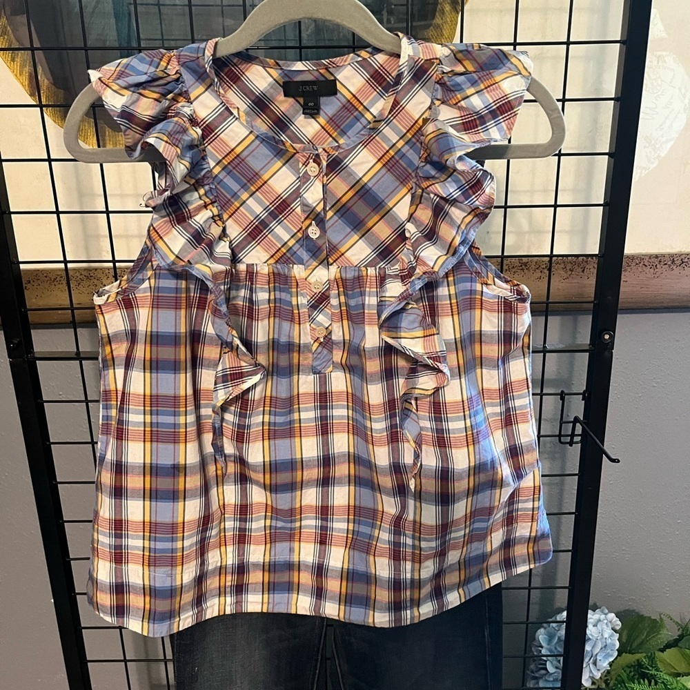 J crew cotton ruffled plaid top
